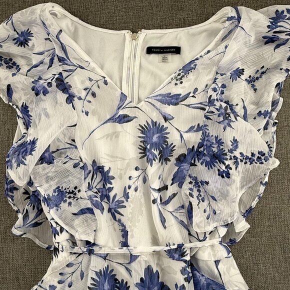 Tommy Hilfiger Ruffled Dress White & Blue V-Neck Tie Belt Lined Size 6 cap sleev - Picture 3 of 14